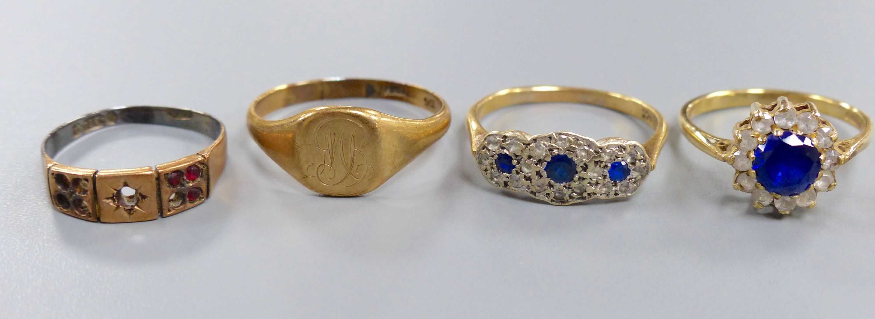 Six 9ct gold rings, variously gem or paste-set, gross 13.7 grams.